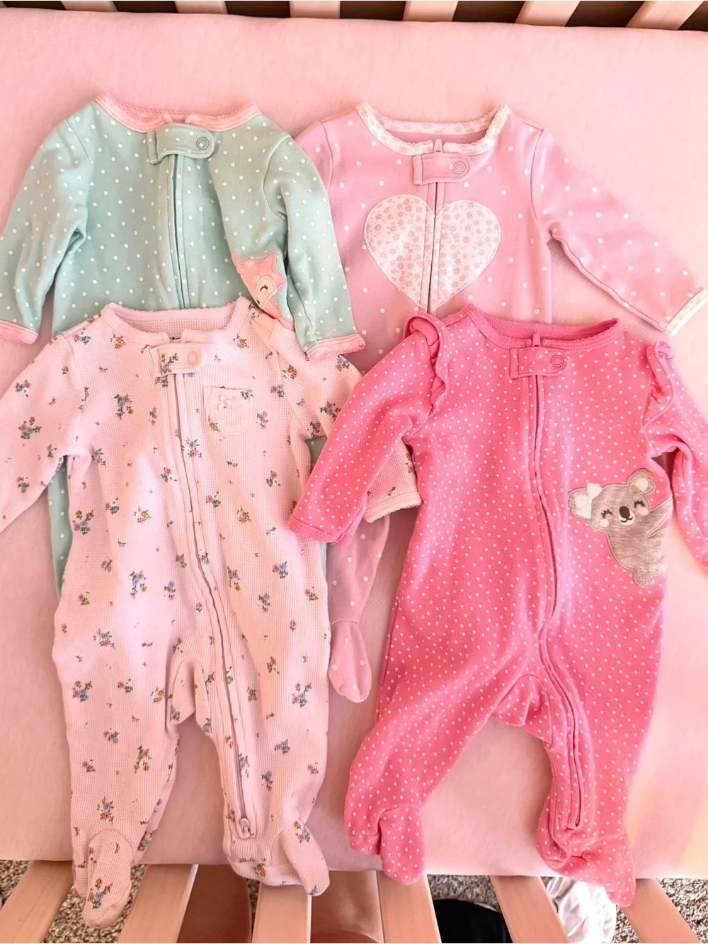 Carter’s Baby Girl Pink/Aqua One-Piece Sleeper BUNDLE of 4- pajama onesies- EUC